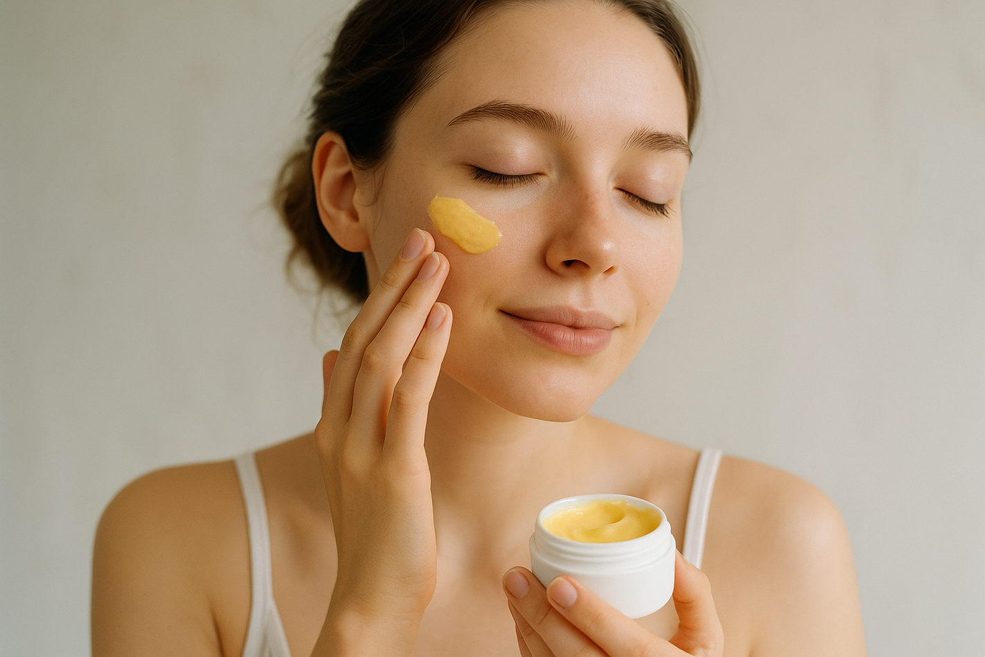 Ragazza che usa una crema di colore giallo 