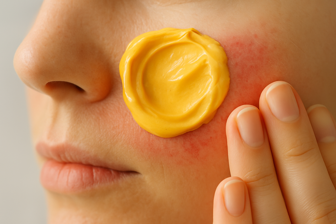Stessa foto eliminando il tubo di crema e al posto della mano metti una guancia con un po di rossore e irritazione